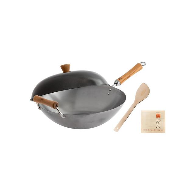 Honey Can Do Joyce Chen Classic Series Uncoated Carbon Steel 4-Pc. Wok Set with Lid and Birch Handles