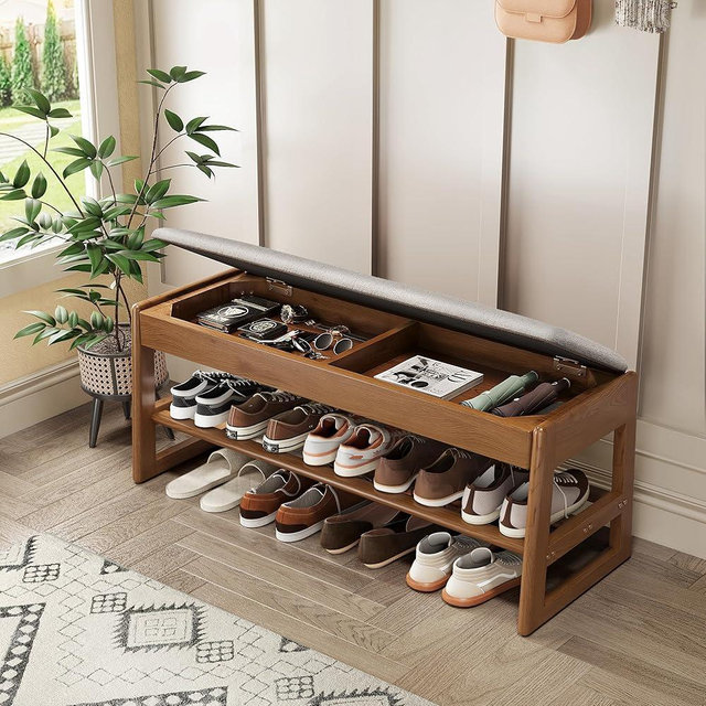 IUNVR Shoe Rack Bench with Cotton-Linen Cushion 2-Tier Wooden Storage Bench 550lbs Compact Simple & Modern Design for Entryway, Hallway, Bedroom, Living Room, Closet, Front Door Entrance, Foyer