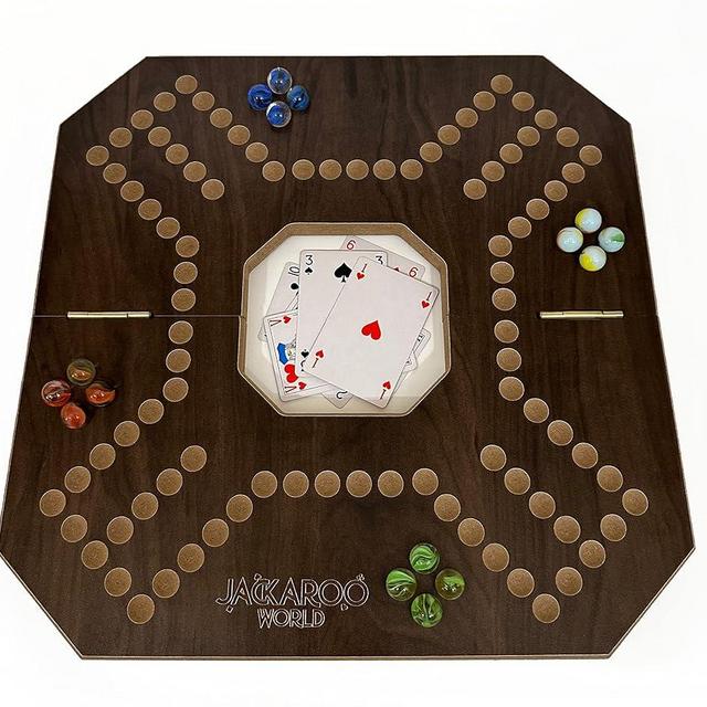 Jackaroo Board Game - 2-4 Player Marbles Strategy Game - Marble Chase Game - Carbles Board Game with Cards - Jokers and Marbles board game - Wahoo Wooden Board Foldable and Open in The Middle (Walnut)