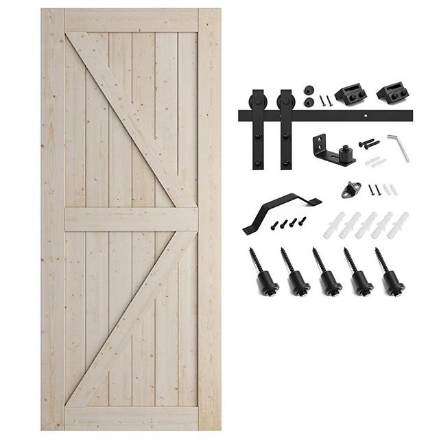SMARTSTANDARD 36in x 84in Sliding Barn Door with 6.6ft Barn Door Hardware Kit & Handle, Pre-Drilled Ready to Assemble, DIY Unfinished Solid Spruce Wood Panelled Slab, K-Frame, Natural