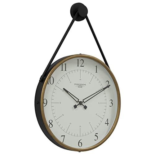 Studio Designs Home Truss 19 Inch Hanging Wall Clock with Metal Cord and Peg Quartz Moveent and Arabic Numerals, 19", Golden Brass/Black
