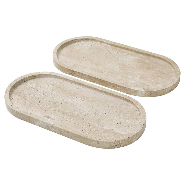 Faticdorr Natural Marble Tray, 2 Pcs, Travertine Tray, Bathroom, Decor for Trinket Perfume Jewelry Candle, Beige, 12 Inch Oval