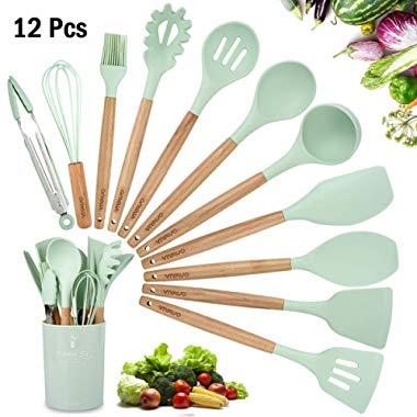 Silicone Cooking Utensil Kitchen Utensils Set, 12 Pieces Silicone Kitchen Utensil Wooden Handles, Kitchen Spatula Sets with Holder Spoon Turner Tongs,Mint Green