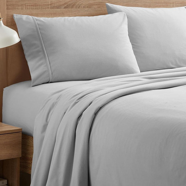 Flannel Sheets King Size Warm and Cozy Deep Pocket Breathable All Season Bedding Set with Fitted with Full Elastic & Built in Corner Sheet Straps, Flat and Pillowcases, King, Silver