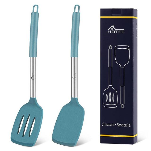 HOTEC Heat Resistant Silicone Solid Turner, Slotted Kitchen Spatulas set Cooking utensils (13.7inch Blue)