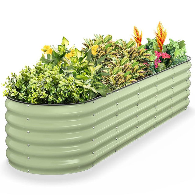 Kesfitt Raised Garden Bed, Metal Galvanized Steel Oval Garden Bed 8x2x1.5 ft with 18-Inch Deep Open-Bottom Design for Outdoor Vegetable Gardening, Fruit Green