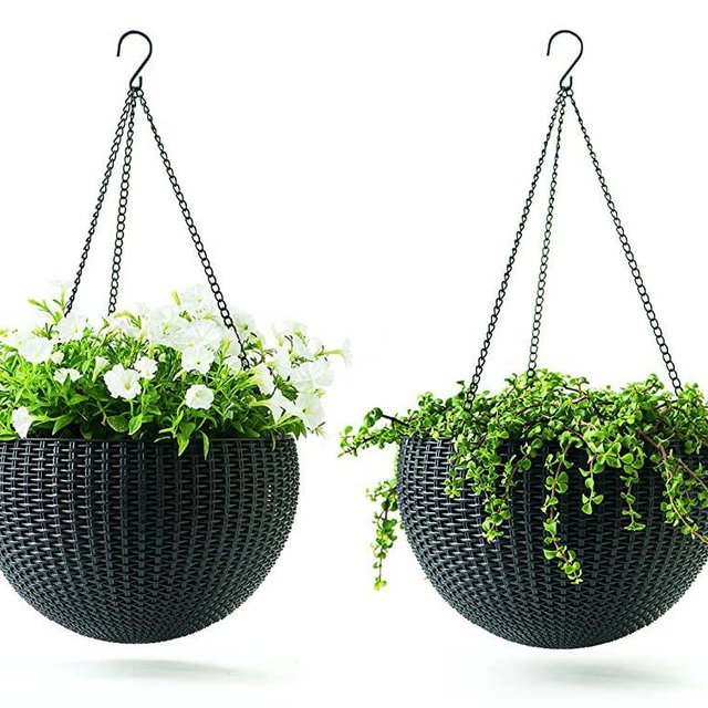 Keter Resin Rattan Set of 2 Round Hanging Planter Baskets for Indoor and Outdoor Plants-Perfect for Porches and Patio Decor, Dark Grey