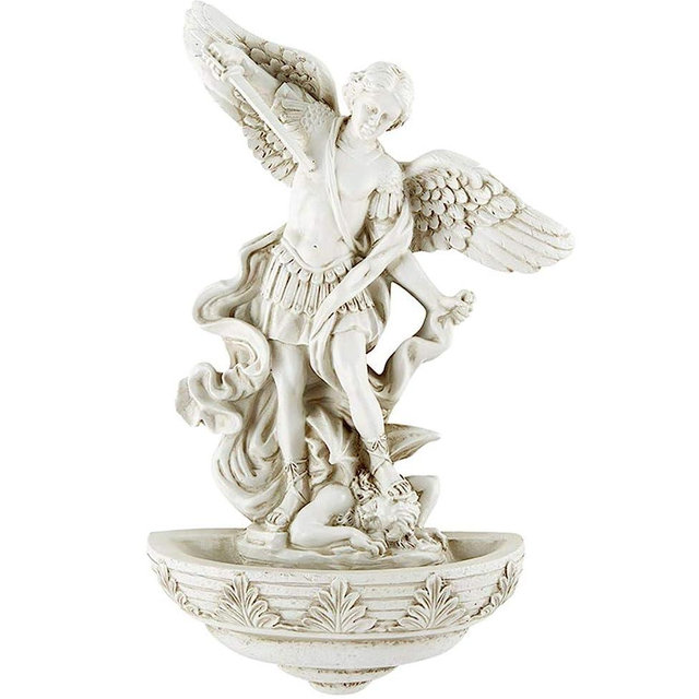 Autom Catholic Hanging Wall Decoration, Saint Michael Archangel Stone Finish Holy Water Font, Religious Home Decor, 9 Inches
