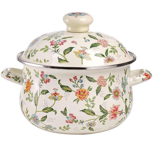 Jucoan 2.8 Quart Vintage Enamel Stockpot Simmer Pot, Green Floral Enamel on Steel Stock Pot with Lid, Deep Enamelware Cooking Pot Stew Pot with Dural Handle for Stove Top