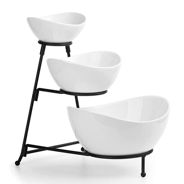 3 Tier Serving Stand for Chip and Dip Set Oval Serving Bowl Set for Thanksgiving Entertaining White Serving Platter and Dish for Dessert, Appetizer, Candy, Vegetable, Black