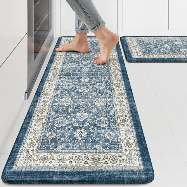 KIMODE Anti Fatigue Kitchen Mats 17.3" x 47"+17.3" x 29", Boho Blue Kitchen Rugs Sets of 2, Non Slip Waterproof Kitchen Floor Mats, Vintage Memory Foam Kitchen Mat for Sink, Laundry, Desk