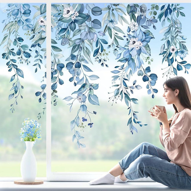 wondever Blue Eucalyptus Leaves Flowes Window Clings Hanging Vine Floral Plants Glass Sticker Decal Anti Collision Double-Side Static Window Stickers for Home Glass Window