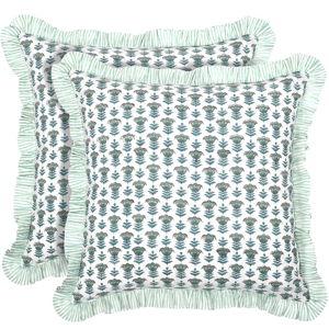 Ridhi Block Print Aquamarine Blue Throw Pillow Cover 18" x 18" (Pack of 2) Decorative Cushion Covers with Ruffle for Couch, Sofa, Bed, Living Room, Home Decor Gift for Spring, Easter, Valentine