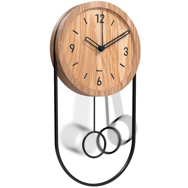 Driini Decorative Wall Clock with Pendulum (Light) – Modern Wood; 3D Black Numbers; Metal Frame – Small, Unique Wall Clocks for Living Room Decor or Bathroom - Battery Operated, Silent, Non-Ticking