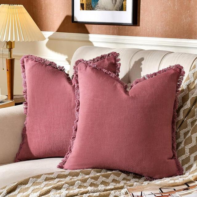 AmHoo Pack of 2 Linen Pillow Covers with Tassels Fringed Decorative Rustic Natural Throw Pillowcase Cushion for Couch Sofa Bedroom 18 x 18-Inch Dusty Rose