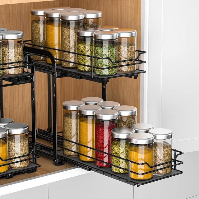 RCHYFEED Spice Organization for Cabinet, 2 Tier Pull Out Spice Rack for Seasoning Organizer, Height Adjustable Heavy Duty Metal Basket for Inside Cabinets & Pantry Closet, Small Spice Shelf