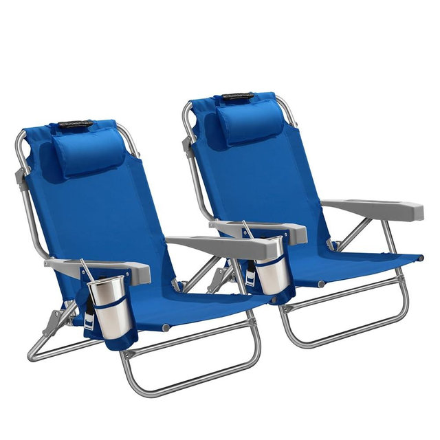 5-Position Aluminum Lay Flat Backpack Beach Chair 2 Pack, Compact Portable Low Beach Chairs for Adults, Beach Chair with Cooler Pouch, Storage Pouch, Towel Bar, Cup Holder, Navy