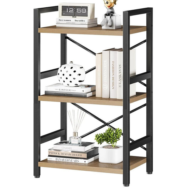 Homeiju Bookshelf, 3 Tier Industrial Bookcase, Metal Small Bookcase, Rustic Etagere Book Shelf Storage Organizer for Living Room, Bedroom, and Home Office(Light Coffee) Patent Pending D29873033