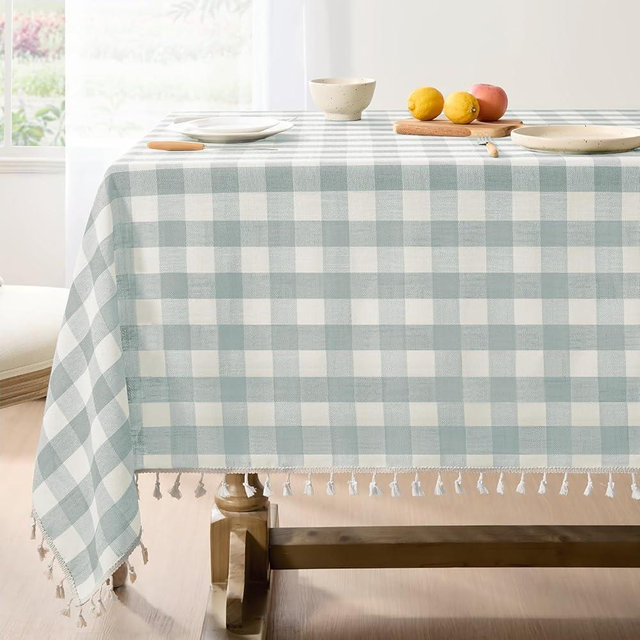 Softalker Checkered Tablecloth Rectangle, Heavy Weight Linen Cotton Gingham Outdoor Table Cloth with Tassel, Washable Wrinkle Free Buffalo Plaid Table Cover for Dining/Party/Home - 55 x 70 Inch, Aqua