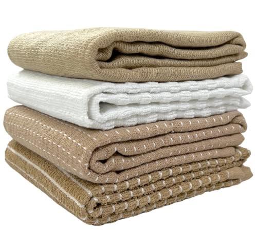 Oversized White Kitchen Towels: 100% Cotton Soft Absorbent Assortment Ribbed Terry Loop, Set of 4 Multipurpose for Everyday Use (Beige Tan)