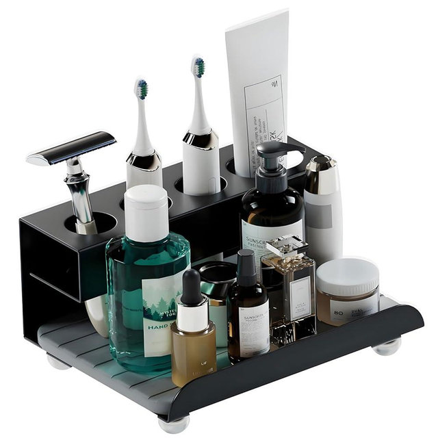 YOOLENS Quick Dry Electric Toothbrush Holder 4 Slots Metal Bathroom Counter Organizer for Toothpaste Razor Mouthwash, Black
