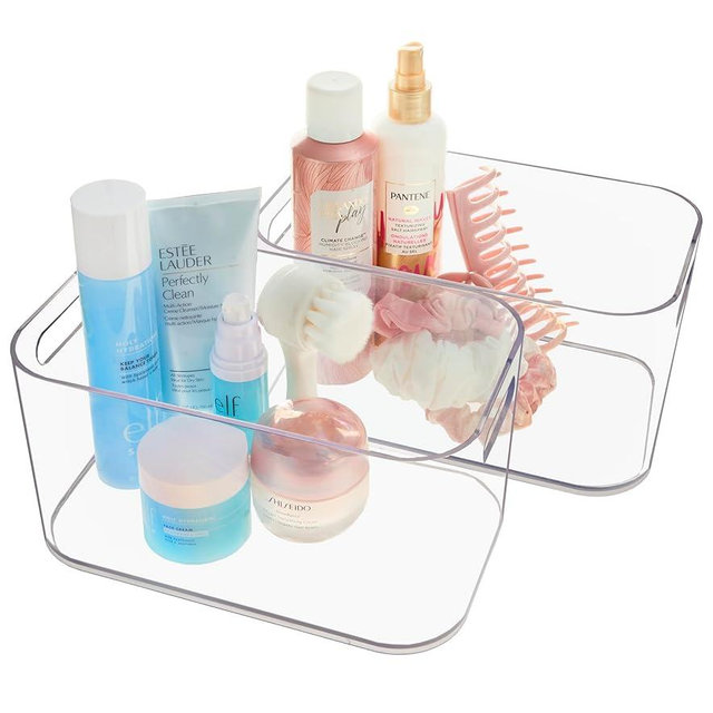 STORi Bliss 10" x 6" Open Compartment Clear Plastic Organizer (Set of 2) | Rectangular Makeup & Vanity Container & Pantry Storage Bin with Pass-Through Handles | Round Corner Design | Made in USA