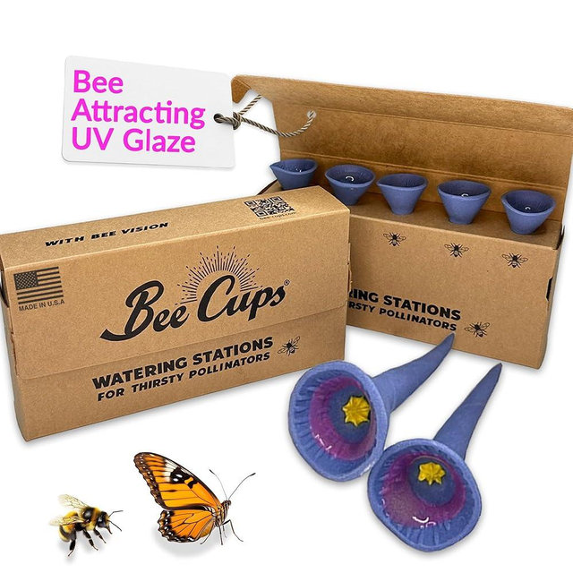Bee Cups 5 Pack, Bee Watering Station, 100% Handmade Porcelain, Bee and Butterfly Feeder for Garden, Outdoor Feeders for Thirsty Pollinators, Plastic Free, Pollinator Attracting Glaze (5, Blue)