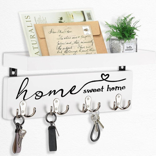 Ikviier Key Holder for Wall Decorative Made of Pine, Key Rack for Wall with Shelf, Key Hook for Wall with 4 Metal Double-Hooks, Farmhouse Mail and Key Holder for Wall (White 01-2)