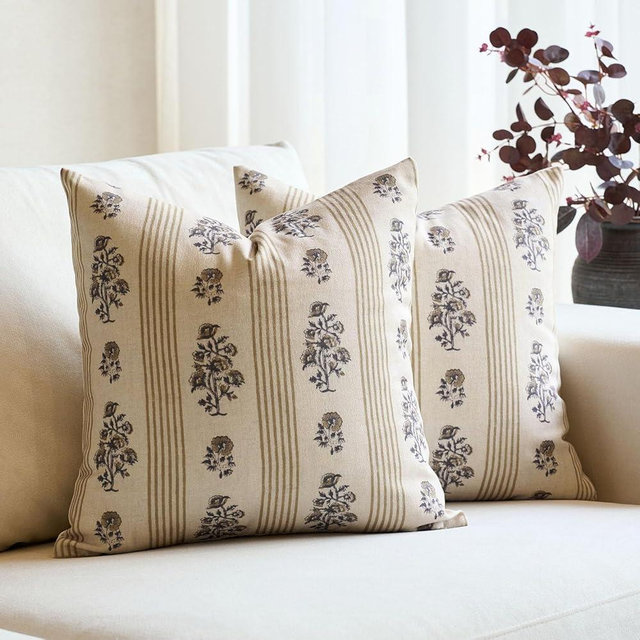 Amor Virisso Floral Throw Pillow Covers 18x18 Set of 2 Block Print Pillow Covers Neutral Floral Striped Farmhouse Decorative Pillow Covers for Sofa Couch Bed, Yellow