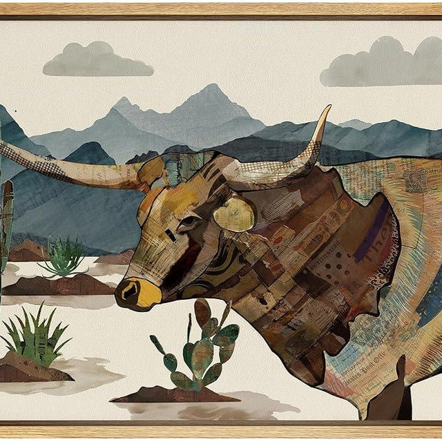 SIGNWIN Framed Canvas Print Wall Art Western Decor Longhorn Cow Portrait Animals Wildlife Mountain Nature Wilderness Modern Art Landscape for Living Room, Bedroom, Office - 16"x24" Natural