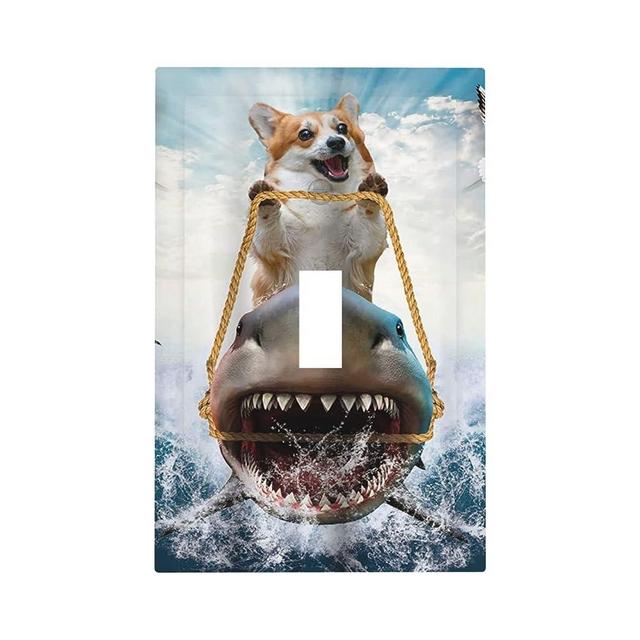 Funny Dog Riding Shark Ocean Sea Waves Light Switch Cover Single Toggle Decorative 1 Gang Wall Plate Electrical Switchplate Faceplate Standard Size for Kitchen Bathroom Home Decor