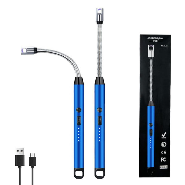 2 PCS Candle Lighter, Electric Lighter Arc Windproof Flameless with 360° Flexible Neck & LED Power Display, Lighters for Candle for BBQ, Grill, Camping, Fireplace, Stove(Blue)