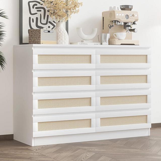Patikuin 8 Drawer Double Dresser for Bedroom, Rattan Chest of Dressers, Modern Wooden Dresser Chest, Beside Table for Closet, Nursery, Living Room and Entryway, White