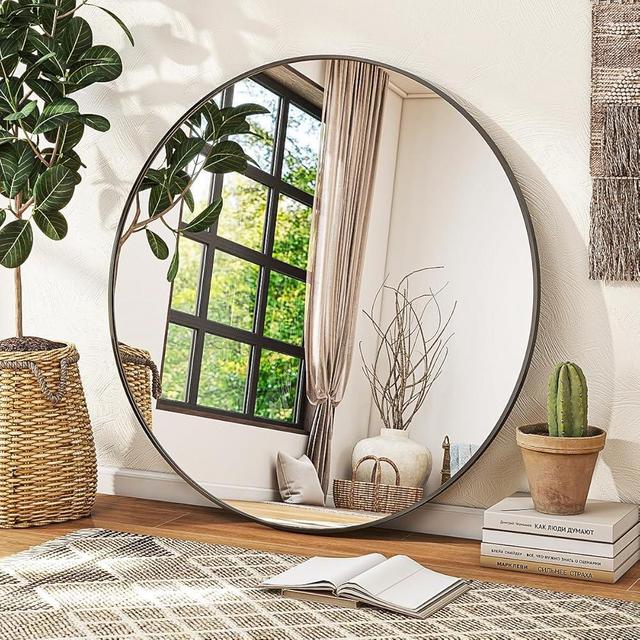 VETROVUE Black Round Mirror, 30 Inch Bathroom Mirror with Metal Frame, Wall Wall-Mounted for Entryway, Bathroom, Vanity, Living Room