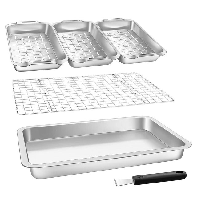 Grill Basket Set, 6-piece Stainless Steel Vegetable Grill Tray, 16.5" x 11" Pan with Cooling Rack For Veggies, Cookies and Meats, Heavy Duty & Easy Clean, Grilling Gifts for Men
