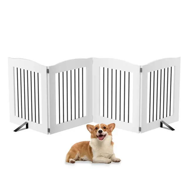 LOVMOR 24" Height Freestanding Dog Gates,Foldable Dog Fence Indoor Puppy Gate for Stairs,Doorways,Stop Over Fence 4 Panels