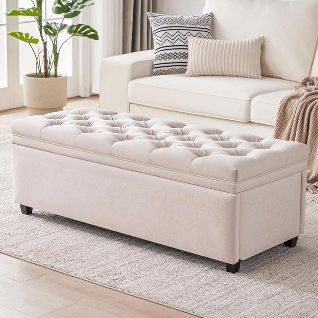 Mangodan 50" Storage Ottoman Bench, Tufted Ottoman with Storage Bench for Living Room, Large End of Bed Bench Ottomans, Modern Entryway Benches, Window & Bedroom Benches for Foot of Bed, Beige