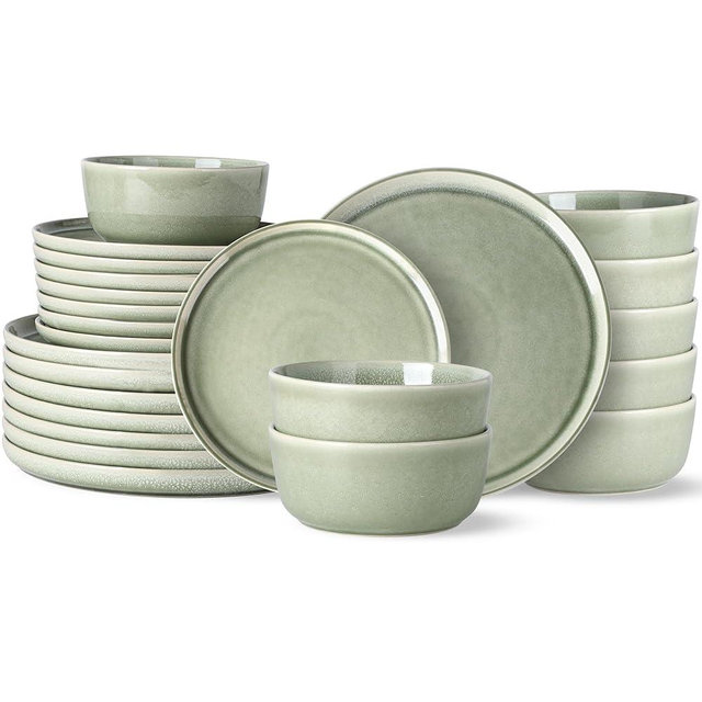 AmorArc Stoneware Dinnerware Sets,Round Reactive Glaze Ceramic Plates and Bowls Sets,Highly Chip and Crack Resistant | Dishwasher & Microwave Safe,Service for 8 Dishes Set (24pc)