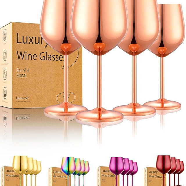 UNISWEET Stainless Steel Wine Glasses Set of 4 Unbreakable Wine Glass 18 oz Unique Metal Wine Goblets for Outdoor, Travel, Camping, Pool, Ideal Gift for Wine Lovers (Mirror-Rose Gold)