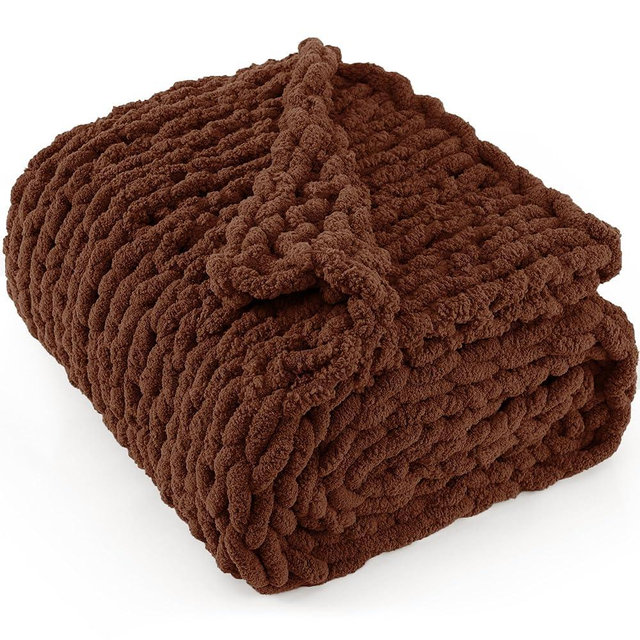 LONG CREATE Chunky Knit Throw Blanket 50"X 60", 100% Handmade with Soft Chenille Yarn, 4.4lbs Thick Cable Knitted Blankets, Large Rope Knot Crochet Throws for Couch Sofa Bed Home Decor, Dark Brown
