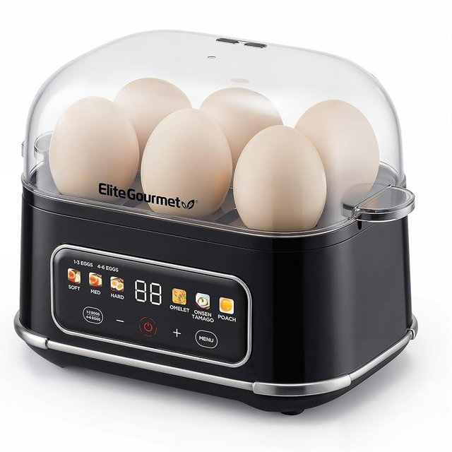 Elite Gourmet Digital Egg Cooker, 6 Egg Capacity, Soft/Medium/Hard Boiled, Onsen Tamago, Poach & Omelet, One-Touch Menu, Audible Alert On/Off, Auto Shut-Off, Black