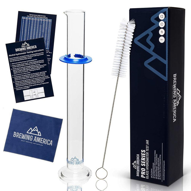Brewing America Glass Hydrometer Test Tube Jar & Cylinder Brush - Narrow Flask for Alcohol by Volume Test - Moonshine, Homebrew Beer, Home Wine Making Kits, Borosilicate Glass 3.3