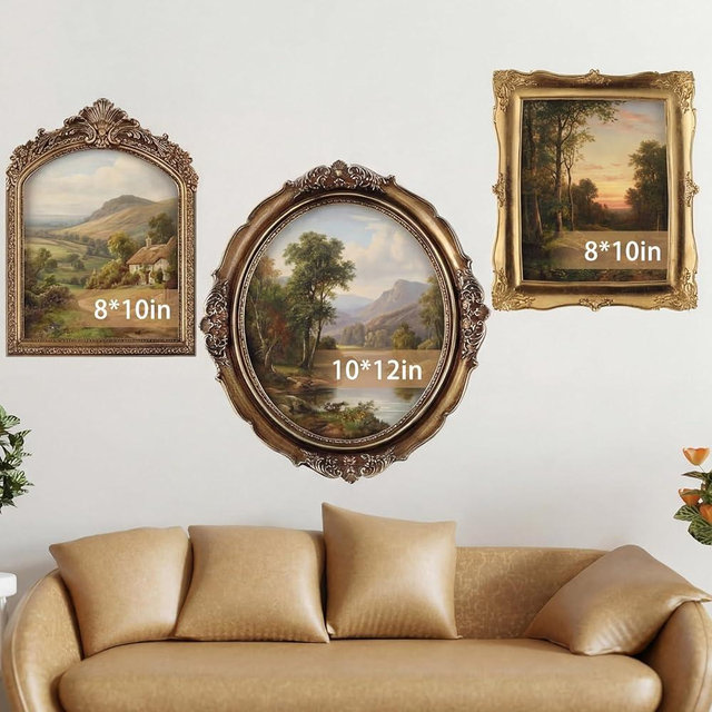 Wonderjune 3 Pcs Large Vintage Picture Frames 10" 12" Antique Picture Frame,Clear Glass Rustic Frames Retro Home Decor Wall Mount for Gallery Art Oval Square, Bronze Gold(Vintage)