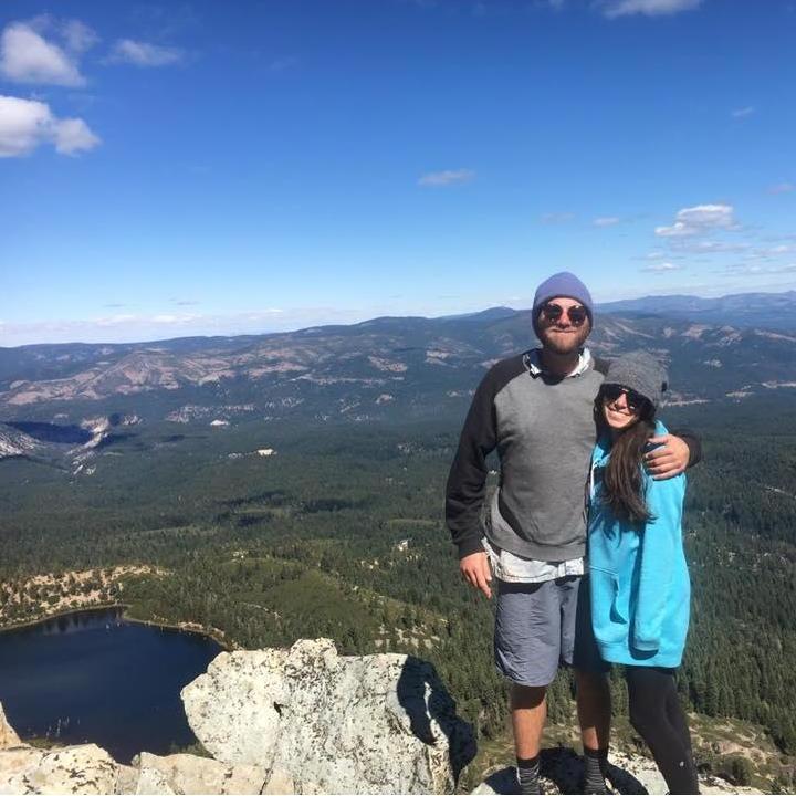 On Eureka Peak in 2017 at the Lost Sierra Hoedown. You can see the spot on the lake where we will get engaged at the next Hoedown!