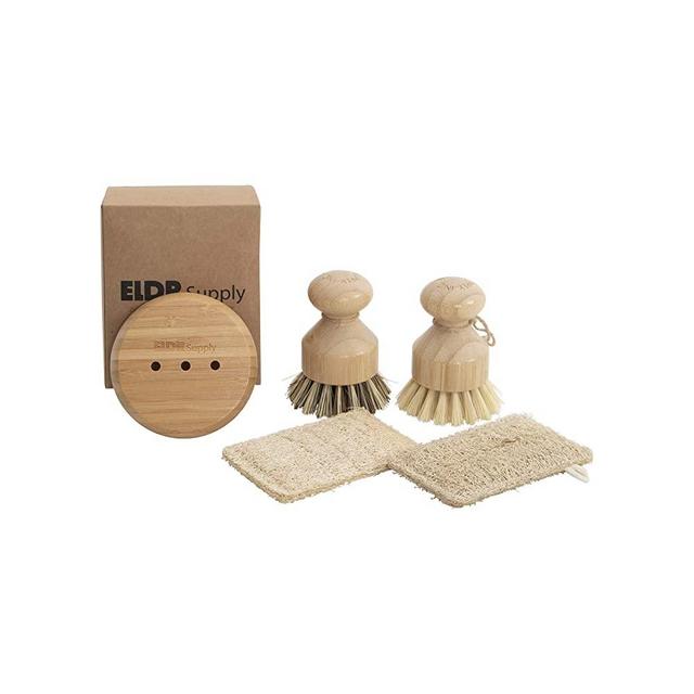 Zero Waste Dish Cleaning Starter Kit, Two Biodegradable Pot and Dish Brushes, Two Natural Loofah Sponges, Bamboo Soap Tray. Kitchen Set for Plates, Fruits, Vegetables, and Cast Iron Cookware