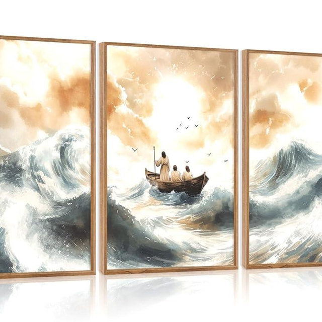CHDITB Matthew 8:23-34 Jesus Calms The Storm Framed Canvas Wall Art(16"x24"), 3 Panels Watercolor Christian Bible Story Artwork Prints, Large Religious Faith LDS Decor for Home Office Bedroom