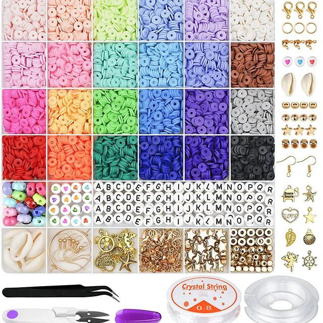 Gionlion 6000 Pcs Clay Beads for Bracelet Making, 24 Colors Flat Round Polymer Clay Beads 6mm Spacer Heishi Beads with Pendant Charms Kit and Elastic Strings for Jewelry Making Kit Bracelets Necklace