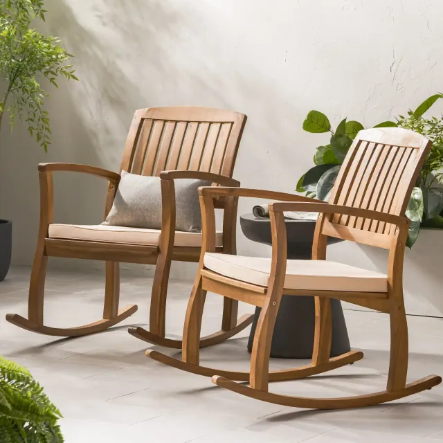 GDFStudio Irvin Outdoor Acacia Wood Rocking Chairs with Cushion, Teak/Cream, Set of 2