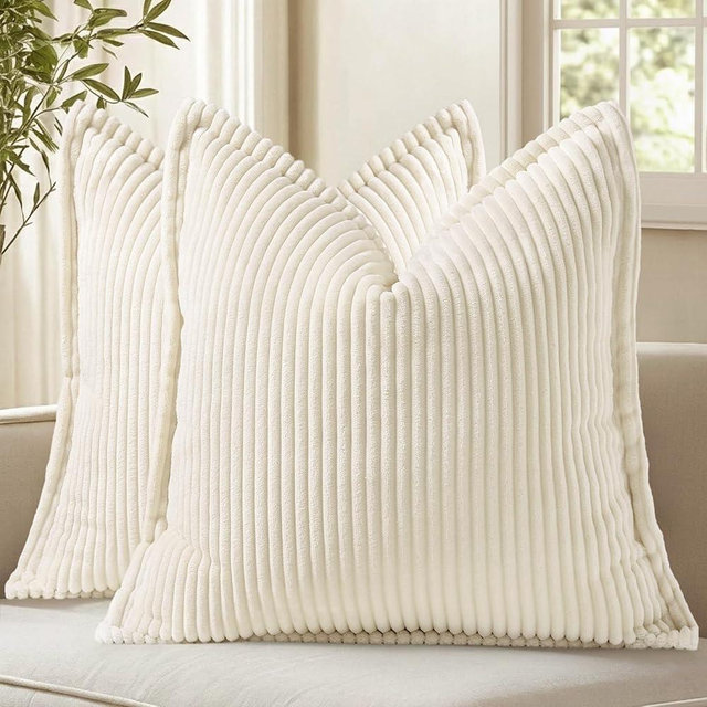 decorUhome Spring Corduroy Cream White Euro Sham Throw Pillow Covers 26x26 Set of 2 Decorative Soft Boho Farmhouse Couch Pillow Covers for Living Room Bed Sofa Broadside Striped Pillow Cases