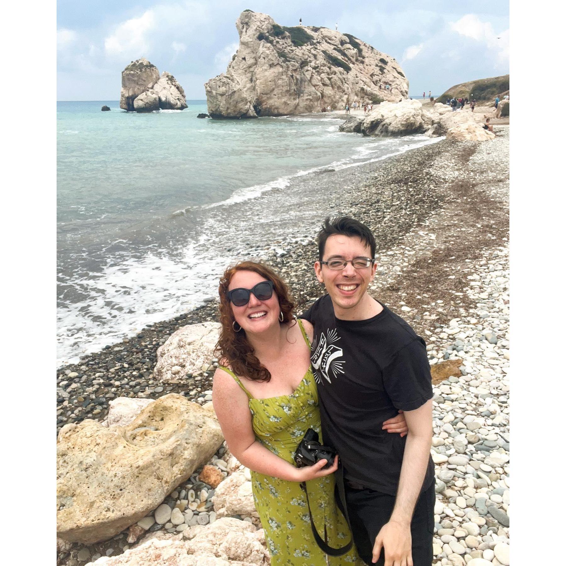 After Luxembourg, Sam dragged Alex to Cyprus. This is Aphrodite's Rock - ie, where legend says she was born. Alex was very unhappy that Sam made him turn his back to the ocean.